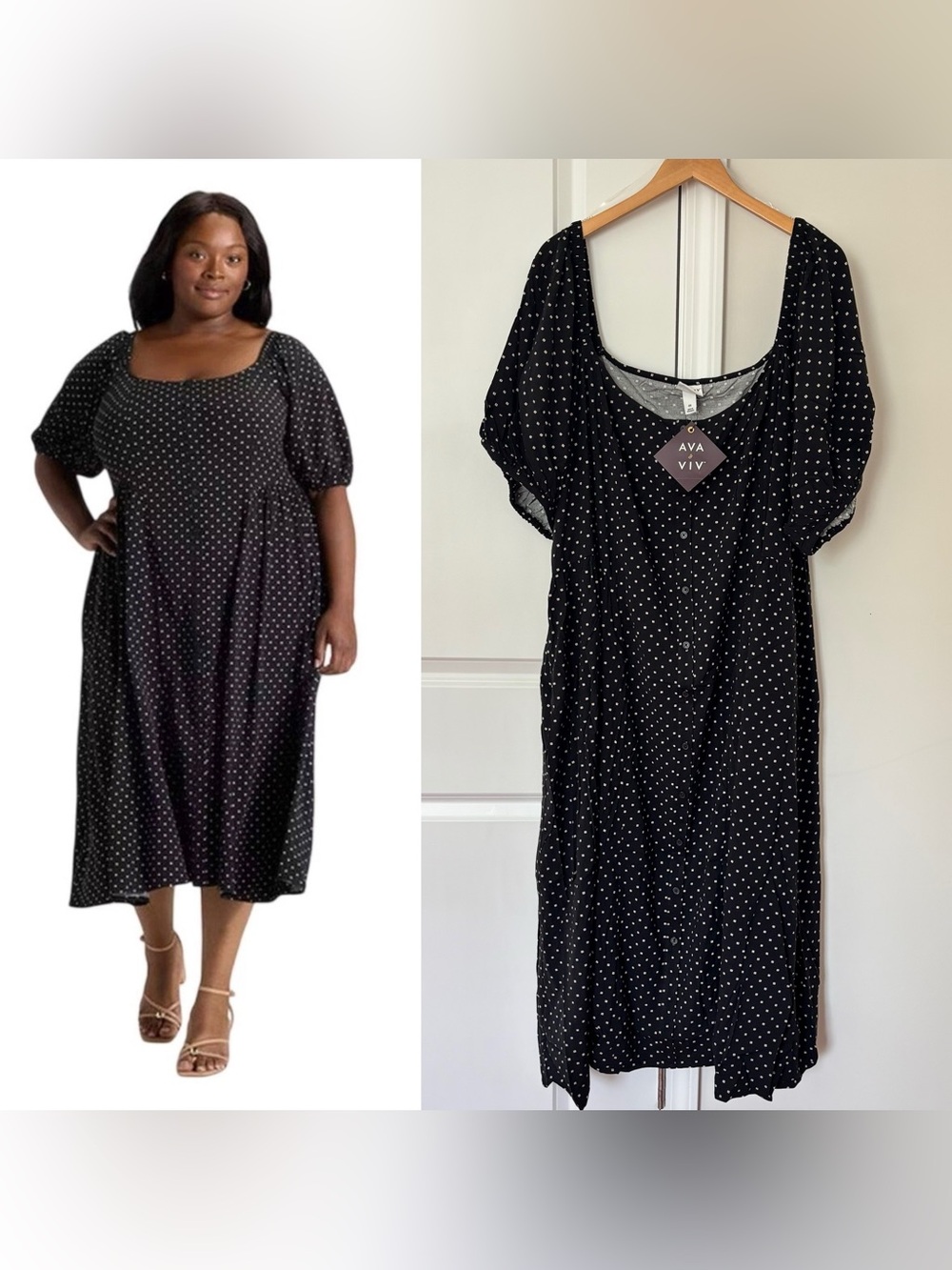 Ava & Viv Women's Black Polka Dot Puff Sleeve Button Front Midi Dress Size 4X
